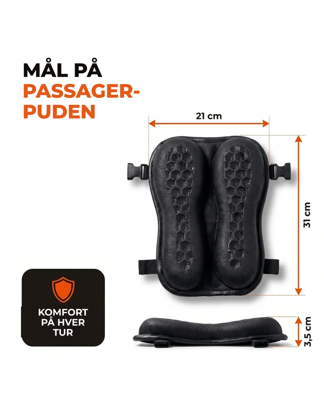Passagerpudens mål: 21 cm × 31 cm × 3,5 cm