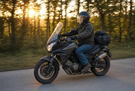 Motorcyklist på en fuldt pakket tourer på en lang vej i solnedgang